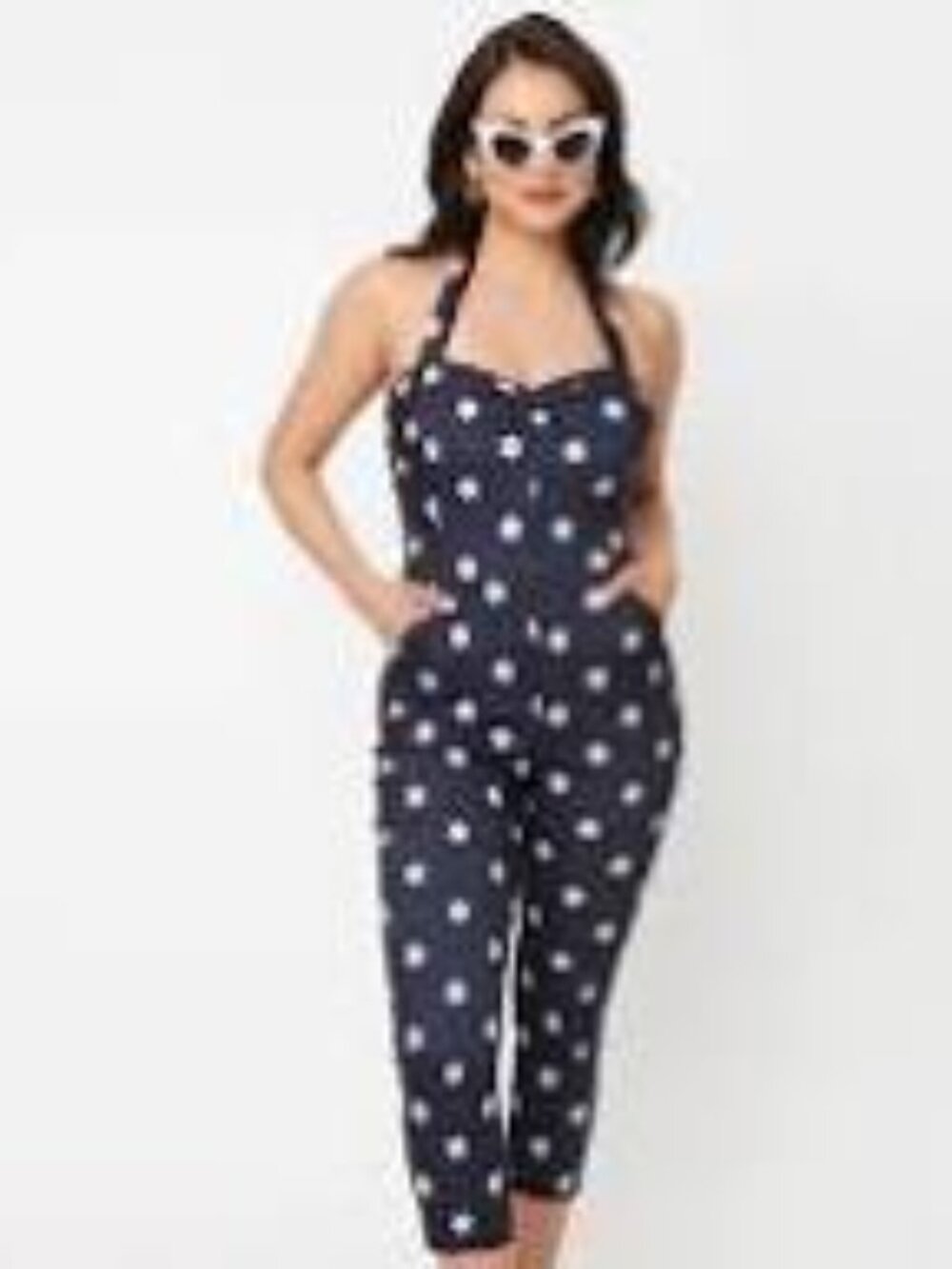 Daisy Print Denim Marcel Halter Jumpsuit, L
